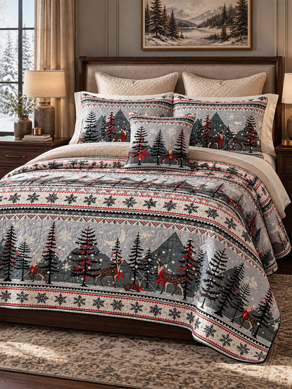 Winter Forest Deer Mountain Fair Isle Quilted 3-Piece Bedding Set