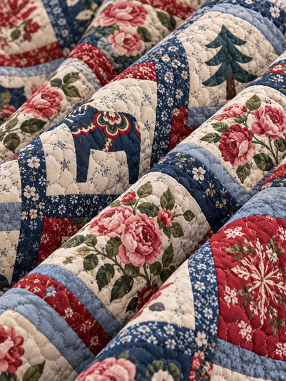 Swedish Dala Horse Floral Patchwork Quilted 3-Piece Bedding Set
