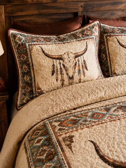 H.PAI Longhorn Skull Western Quilted 3-Piece Bedding Set
