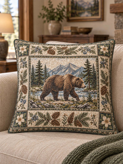 Woodland Bear Forest Quilted Pillow Cover