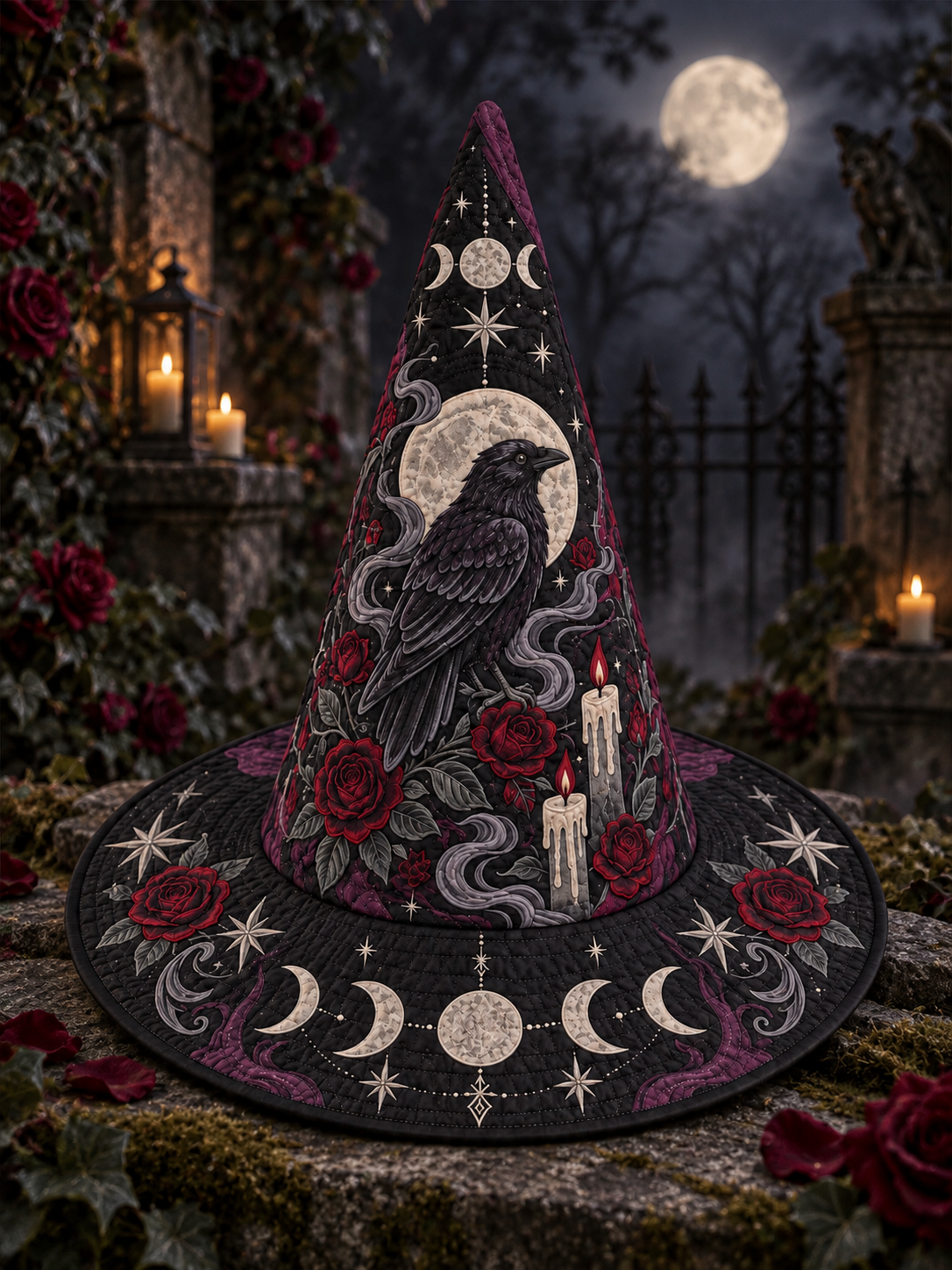 Moonlit Raven Rose Quilted Witch Hat – Gothic Celestial Halloween Hat