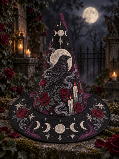 Moonlit Raven Rose Quilted Witch Hat – Gothic Celestial Halloween Hat