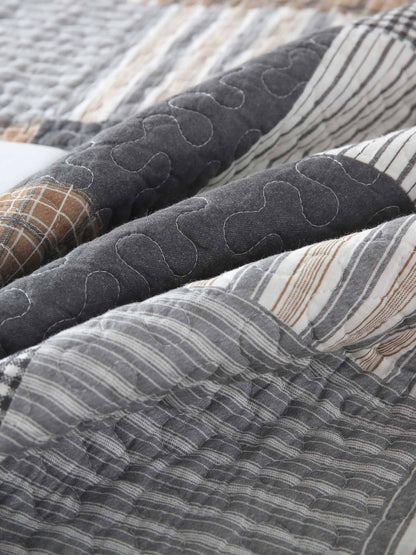 Grey Brown Plaid Patchwork Quilted 3‑Piece Bedding Set
