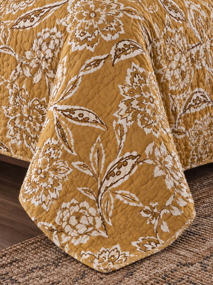 Mustard Botanical Floral Quilted 3-Piece Bedding Set