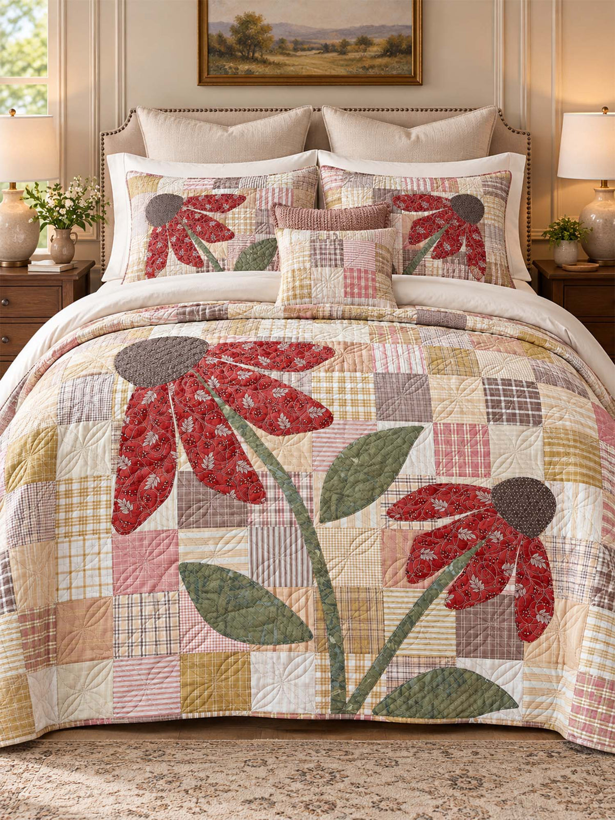 Red Coneflower Patchwork Quilted 3-Piece Bedding Set