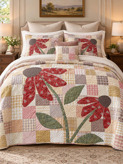 Red Coneflower Patchwork Quilted 3-Piece Bedding Set