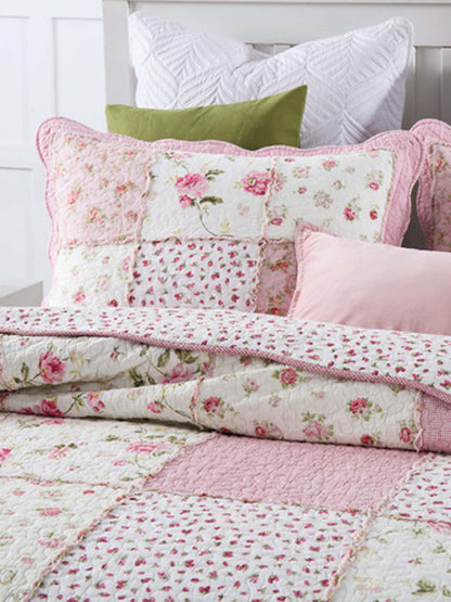 Rose Cottage Patchwork Quilted 3-Piece Bedding Set