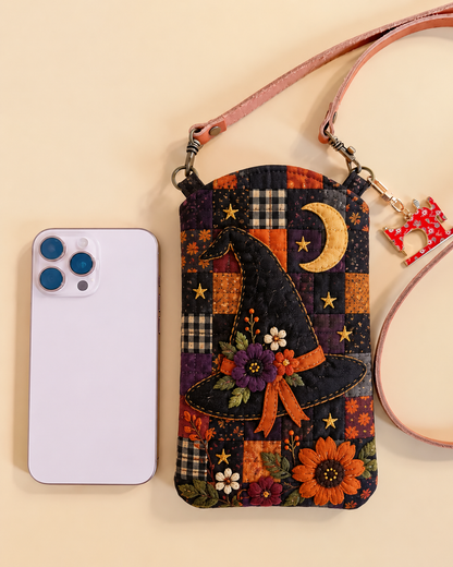 Smalle en gewatteerde telefoontas – Heksenschoen patchwork bij maanlicht