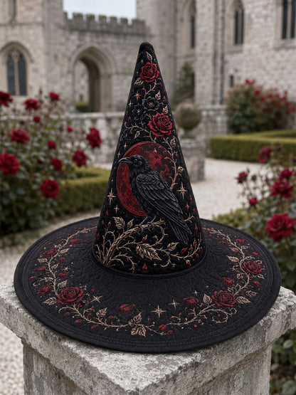 H.PAI Black Rose Raven Victorian Gothic Handcrafted Quilted Witch Hat