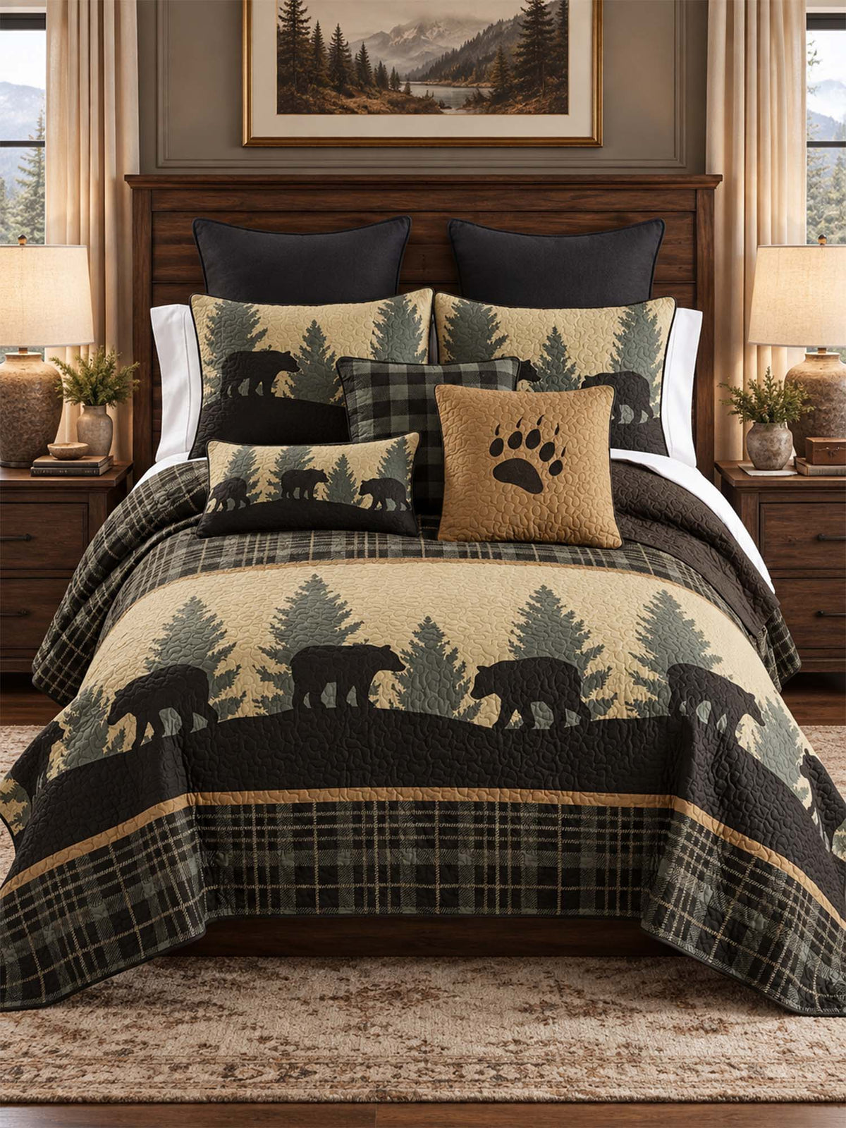 Black Bear Forest Plaid Quilted 3-Piece Bedding Set
