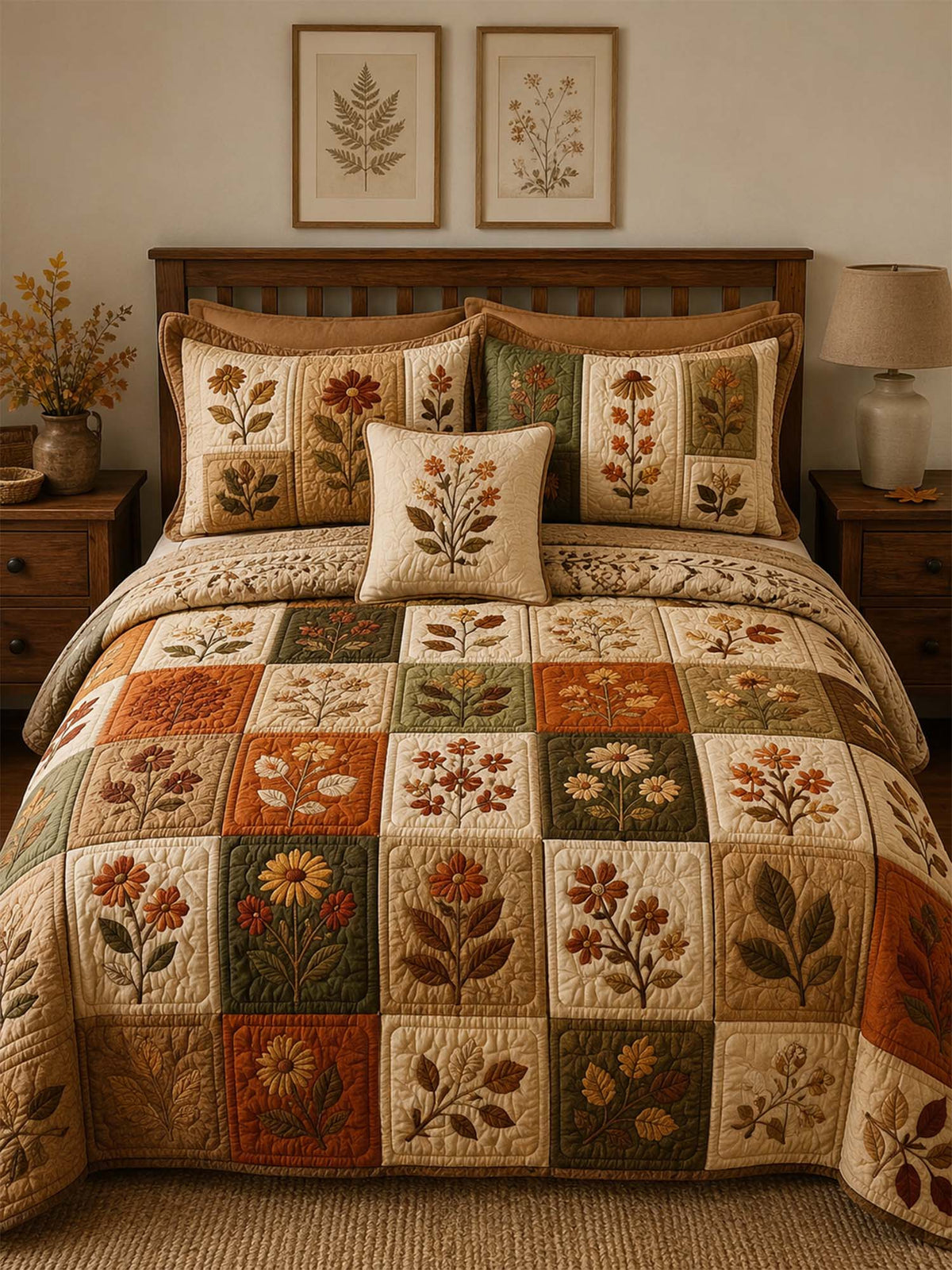 Autumn Botanical Quilted 3-Piece Bedding Set