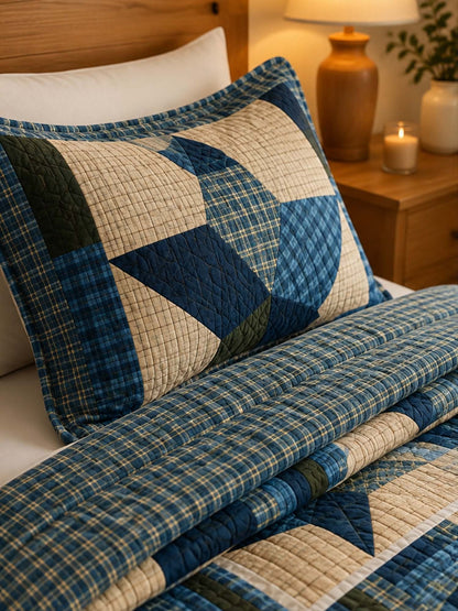 Navy Denim Blue Star Print Quilted 3‑Piece Bedding Set