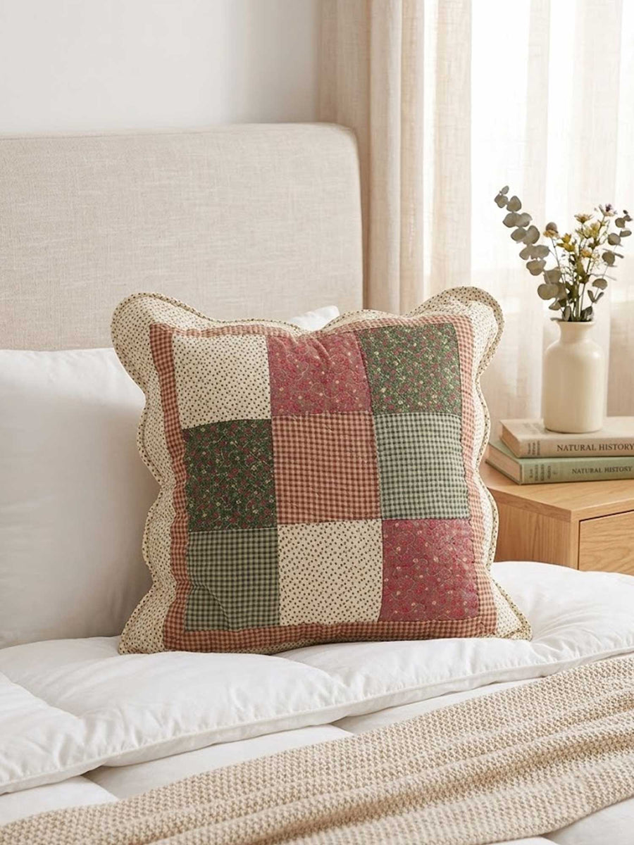 Floral Gingham Patchwork Quilted Pillow Cover