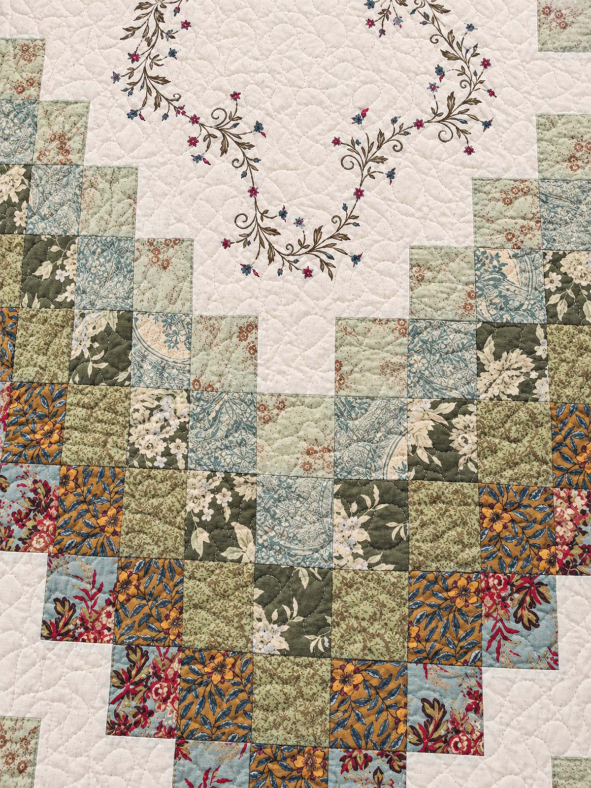 Sage Floral Patchwork Embroidered 100% Cotton Quilted 3-Piece Bedding Set