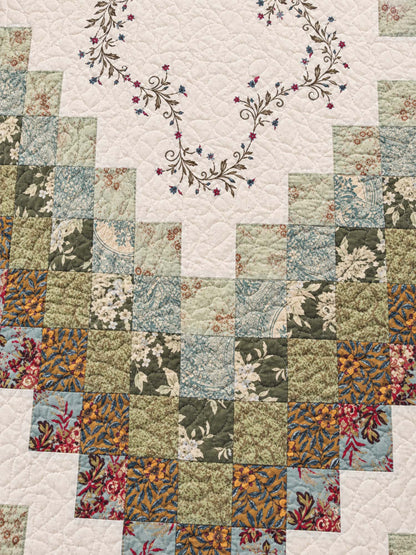 Sage Floral Patchwork Embroidered 100% Cotton Quilted 3-Piece Bedding Set
