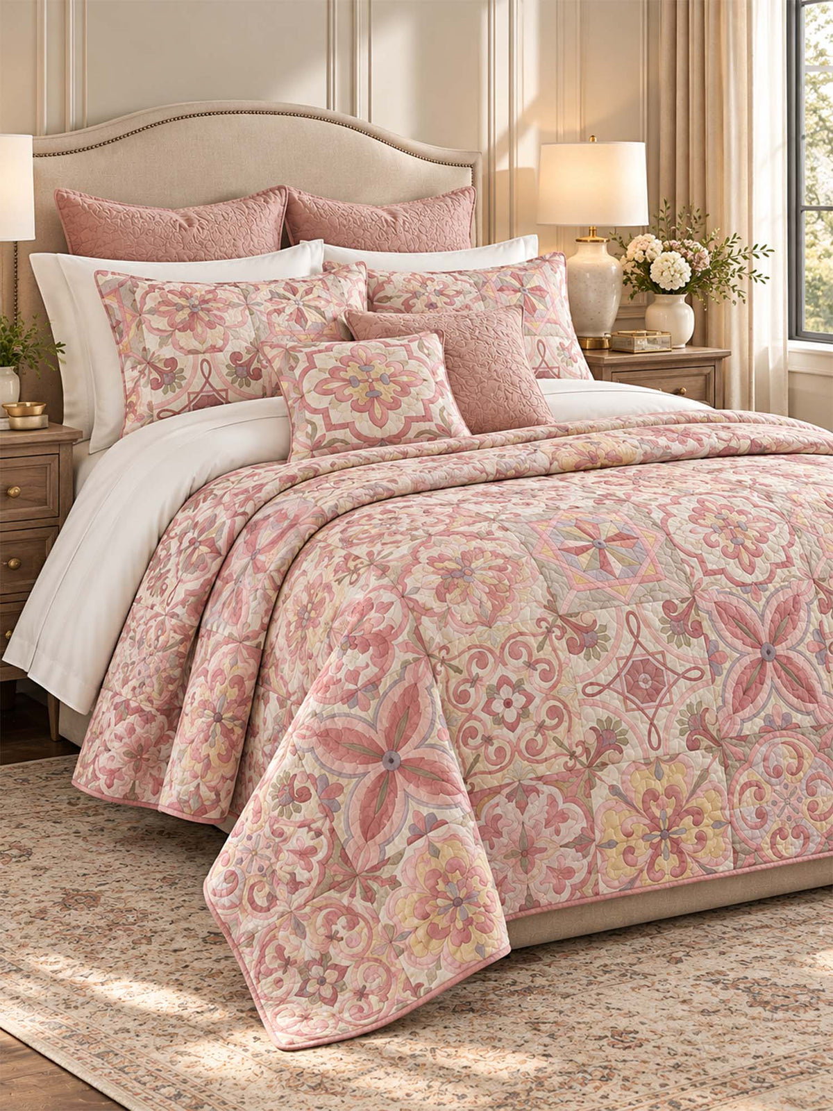 Pink Mediterranean Floral Tile Quilted 3-Piece Bedding Set