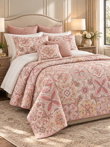 Pink Mediterranean Floral Tile Quilted 3-Piece Bedding Set