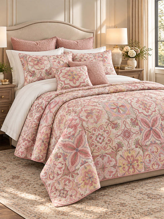 Pink Mediterranean Floral Tile Quilted 3-Piece Bedding Set