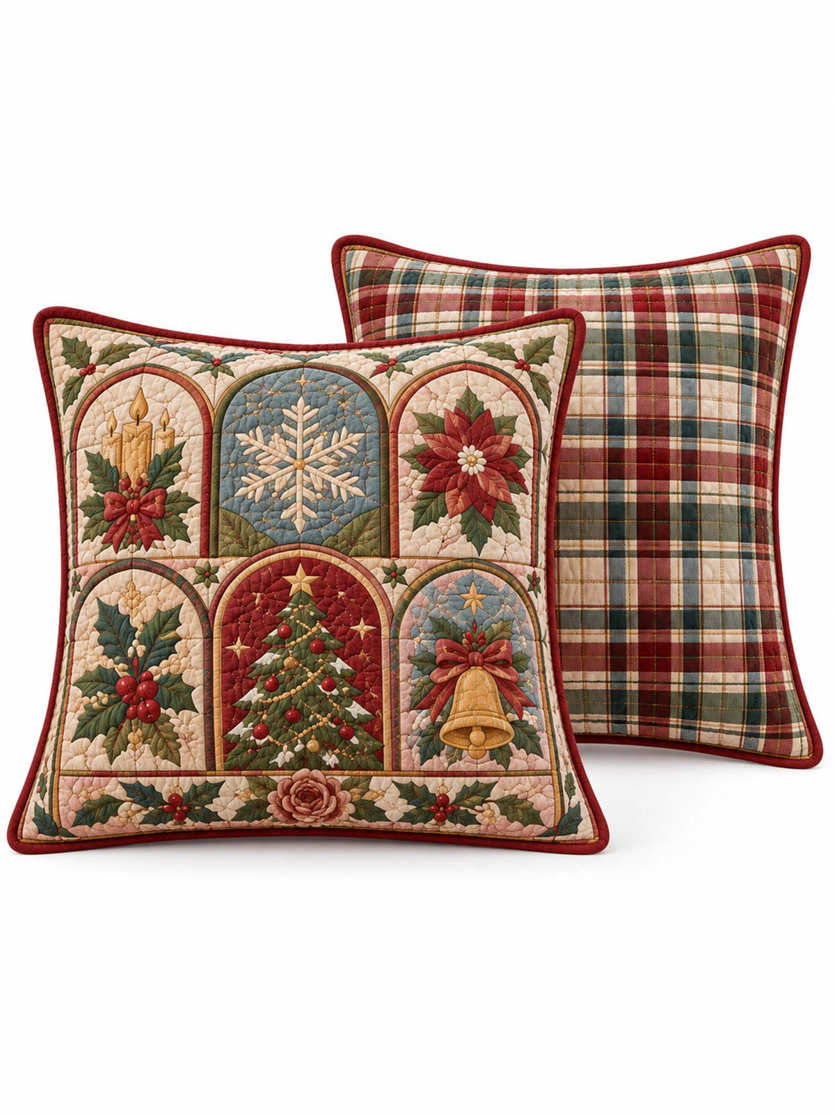 Traditional Christmas Motif & Plaid Quilted Pillow Covers 2-Piece Set