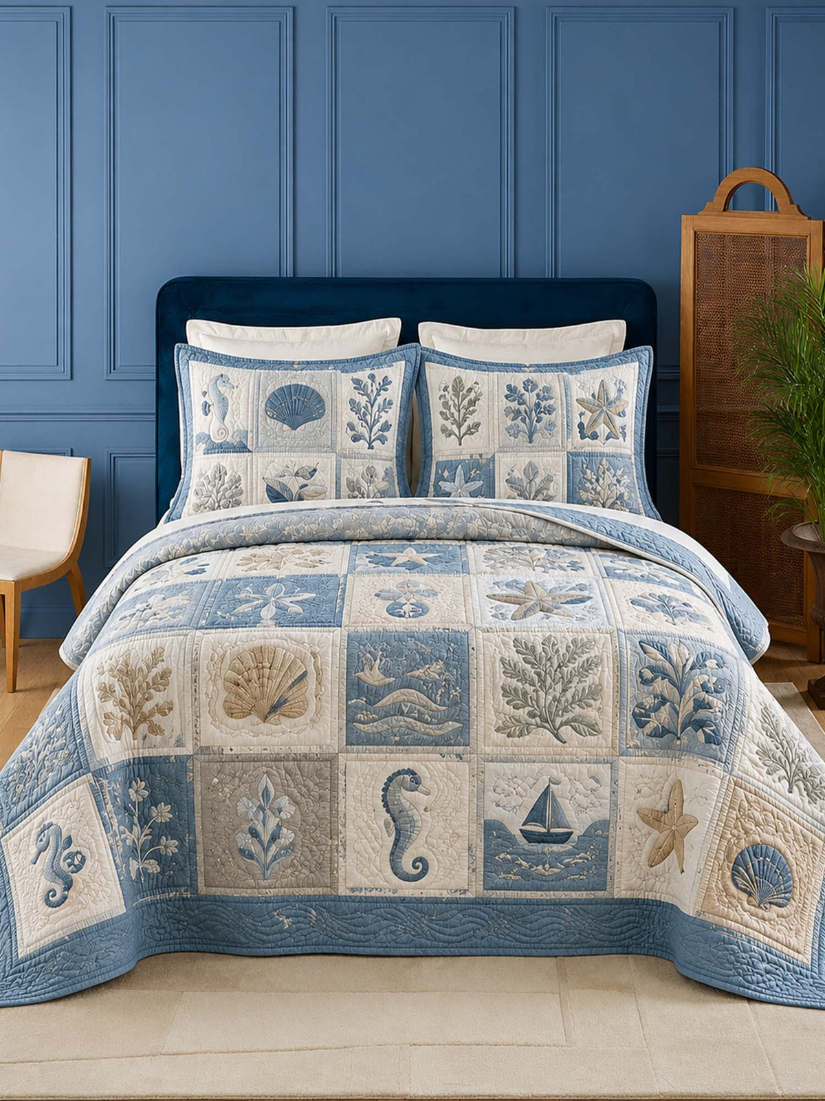 Coastal Ocean Quilted 3-Piece Bedding Set
