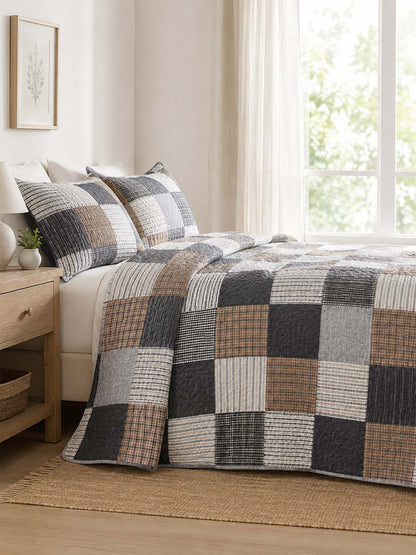 Grey Brown Plaid Patchwork Quilted 3‑Piece Bedding Set