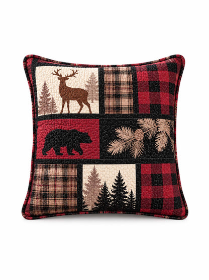 Burgundy Bear & Deer Plaid Woodland Quilted Pillow Cover