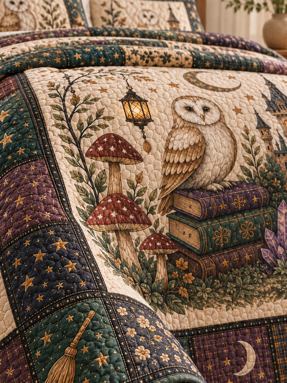 Woodland Owl Mushroom Crystal Castle Quilted 3‑Piece Bedding Set