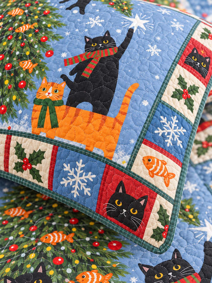 Christmas Tree Cats Quilted 3-Piece Bedding Set