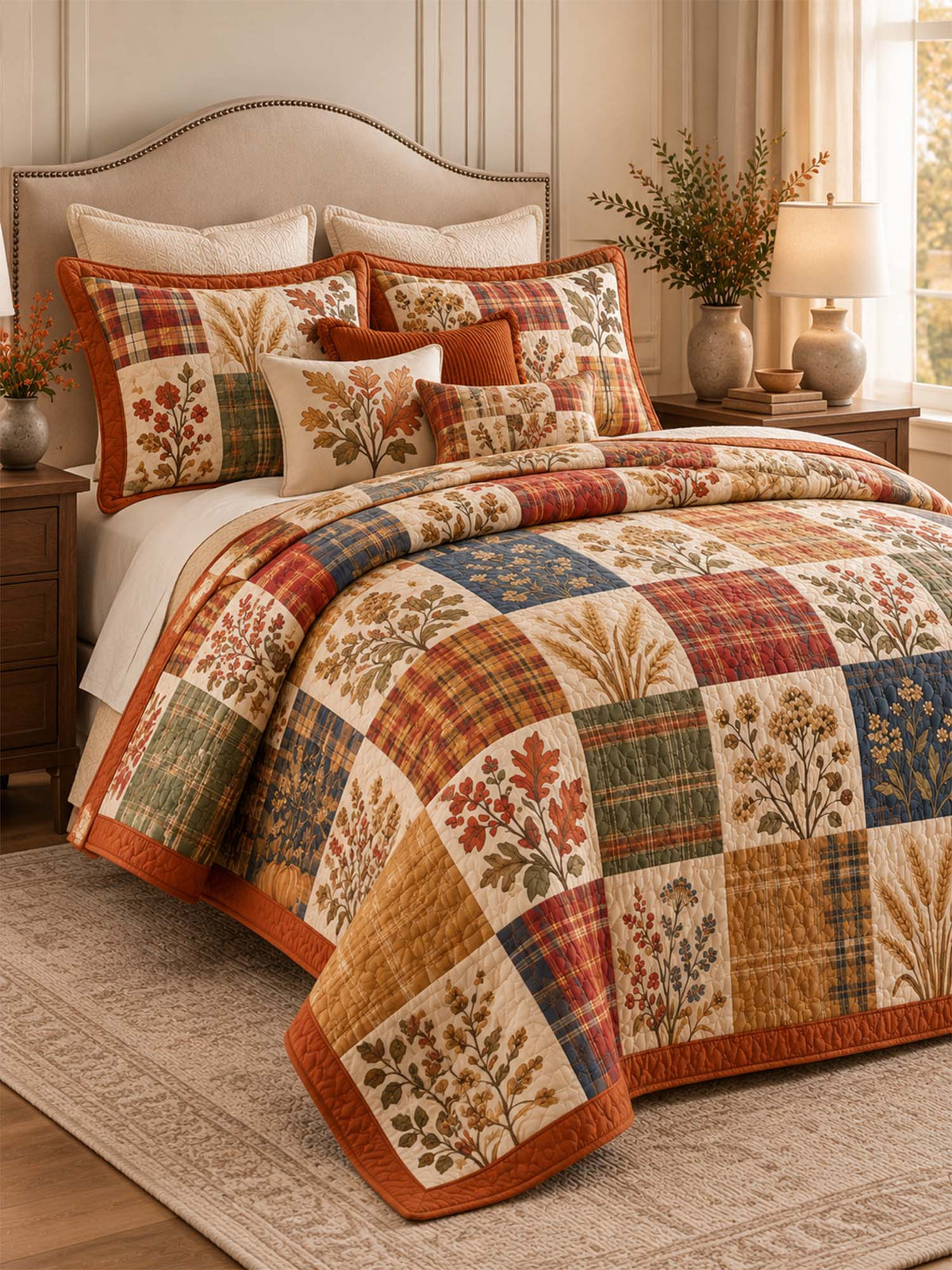 Autumn Harvest Plaid Patchwork Quilted 3-Piece Bedding Set