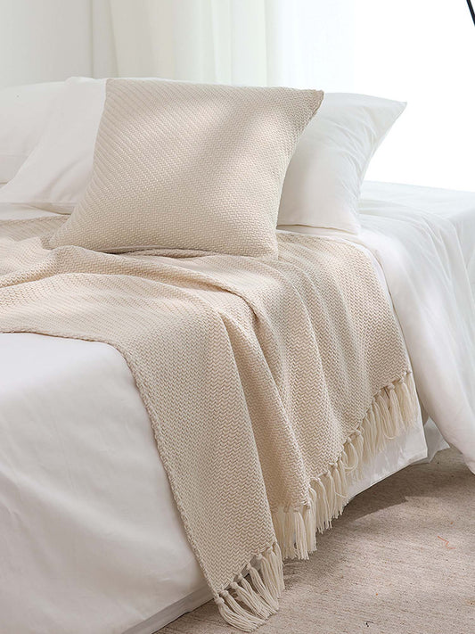Textured Fringe Knitted Throw Blanket & Pillow Cover Set