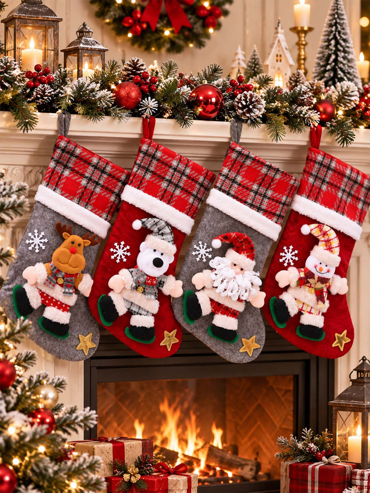 Festive Christmas Character Plaid Stockings