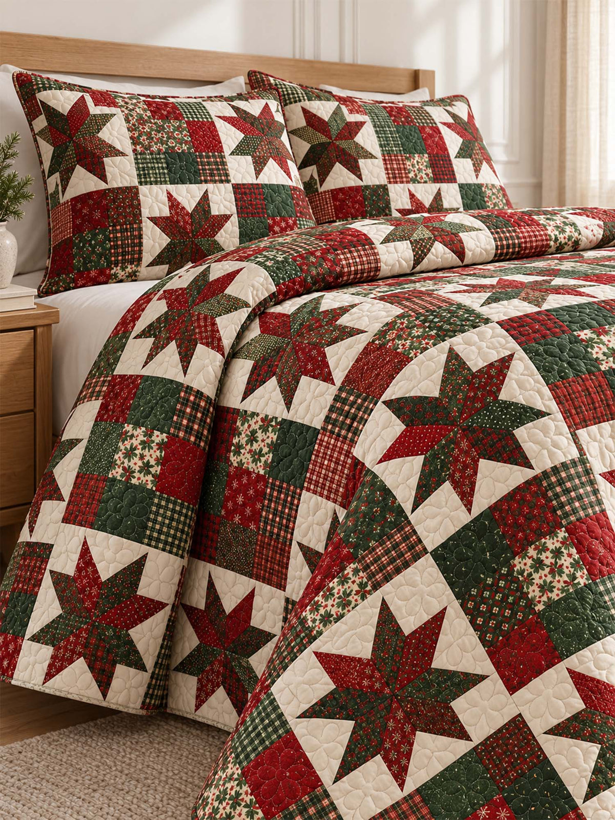 Christmas Star Patchwork Quilted 3-Piece Bedding Set