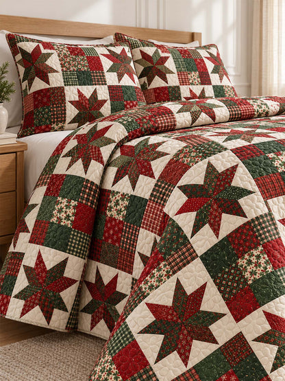 Christmas Star Patchwork Quilted 3-Piece Bedding Set