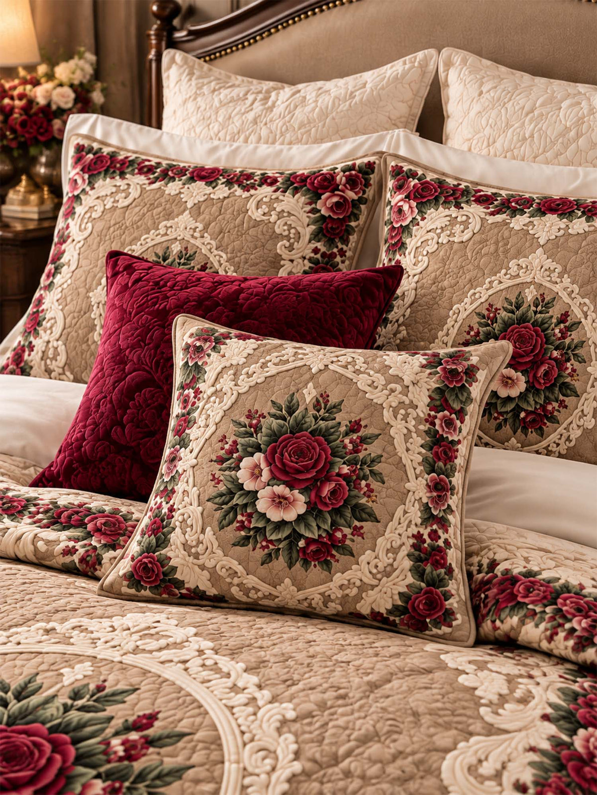 Vintage Rose Floral Quilted 3-Piece Bedding Set