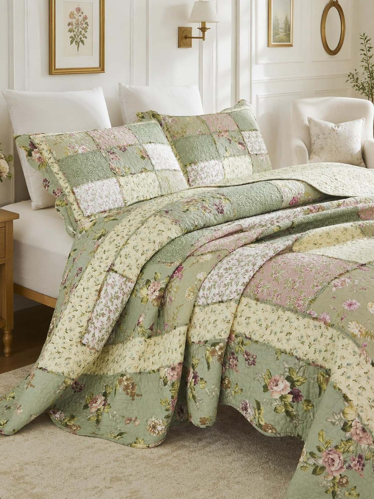Rose Cottage Patchwork Quilted 3-Piece Bedding Set
