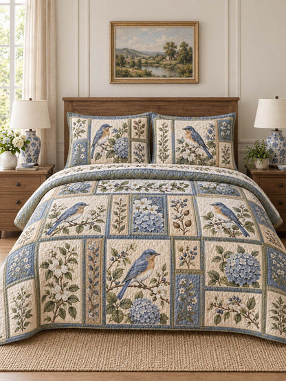 Bluebird Hydrangea Garden Quilted 3-Piece Bedding Set