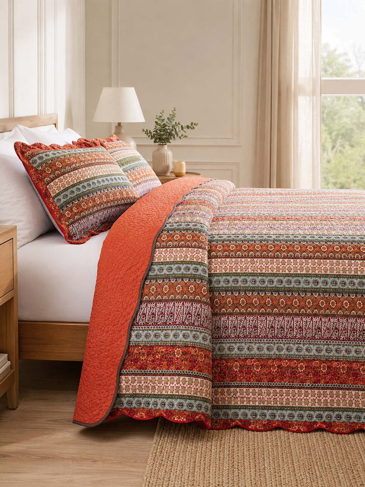 Rust Orange Bohemian Striped Patchwork Quilted 3‑Piece Bedding Set