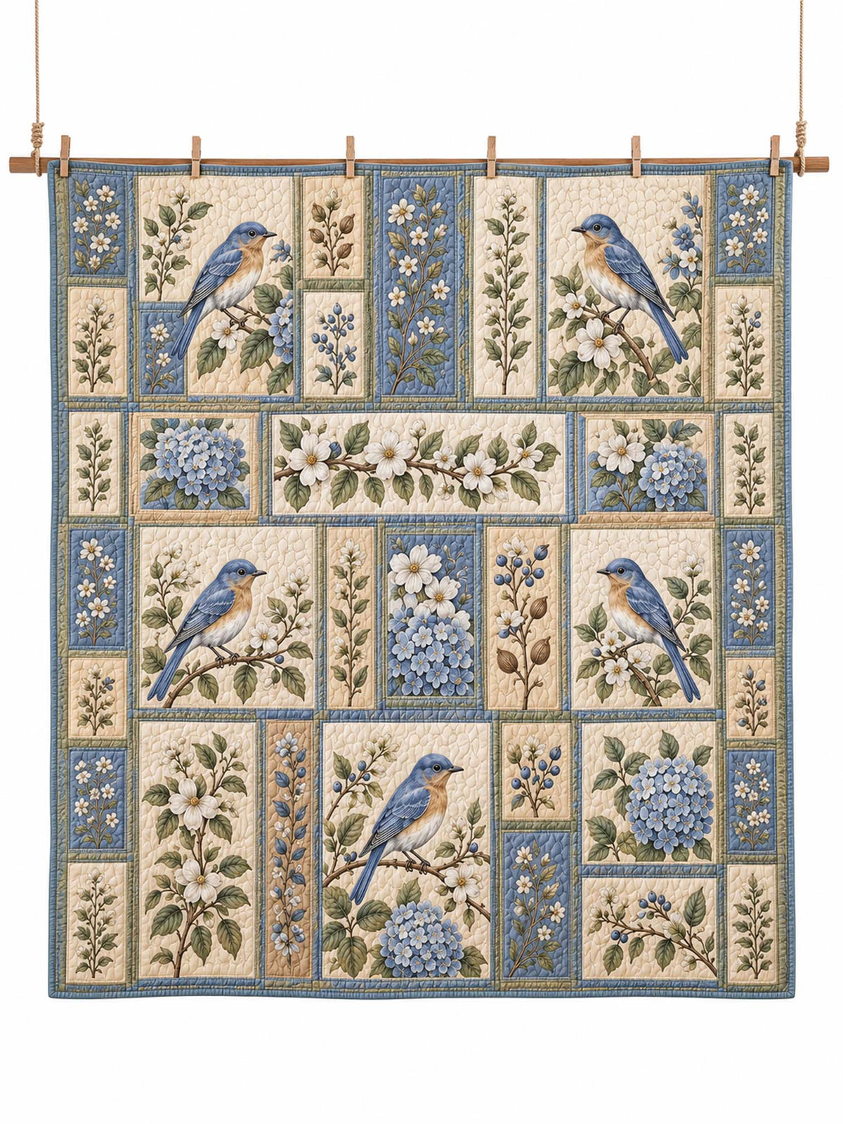Bluebird Hydrangea Garden Quilted 3-Piece Bedding Set