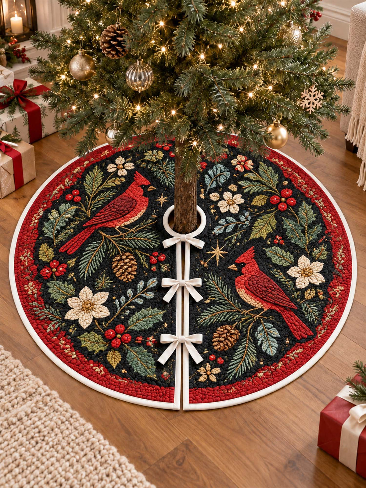 Christmas Cardinals & Evergreen Botanical Quilted Tree Skirt