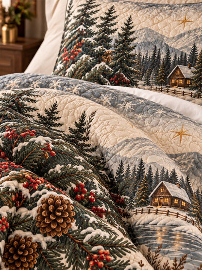 Winter Cottage Pine Forest Quilted 3-Piece Bedding Set