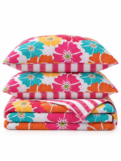 Vibrant Poppy Floral Reversible 100% Cotton Quilted 3-Piece Bedding Set