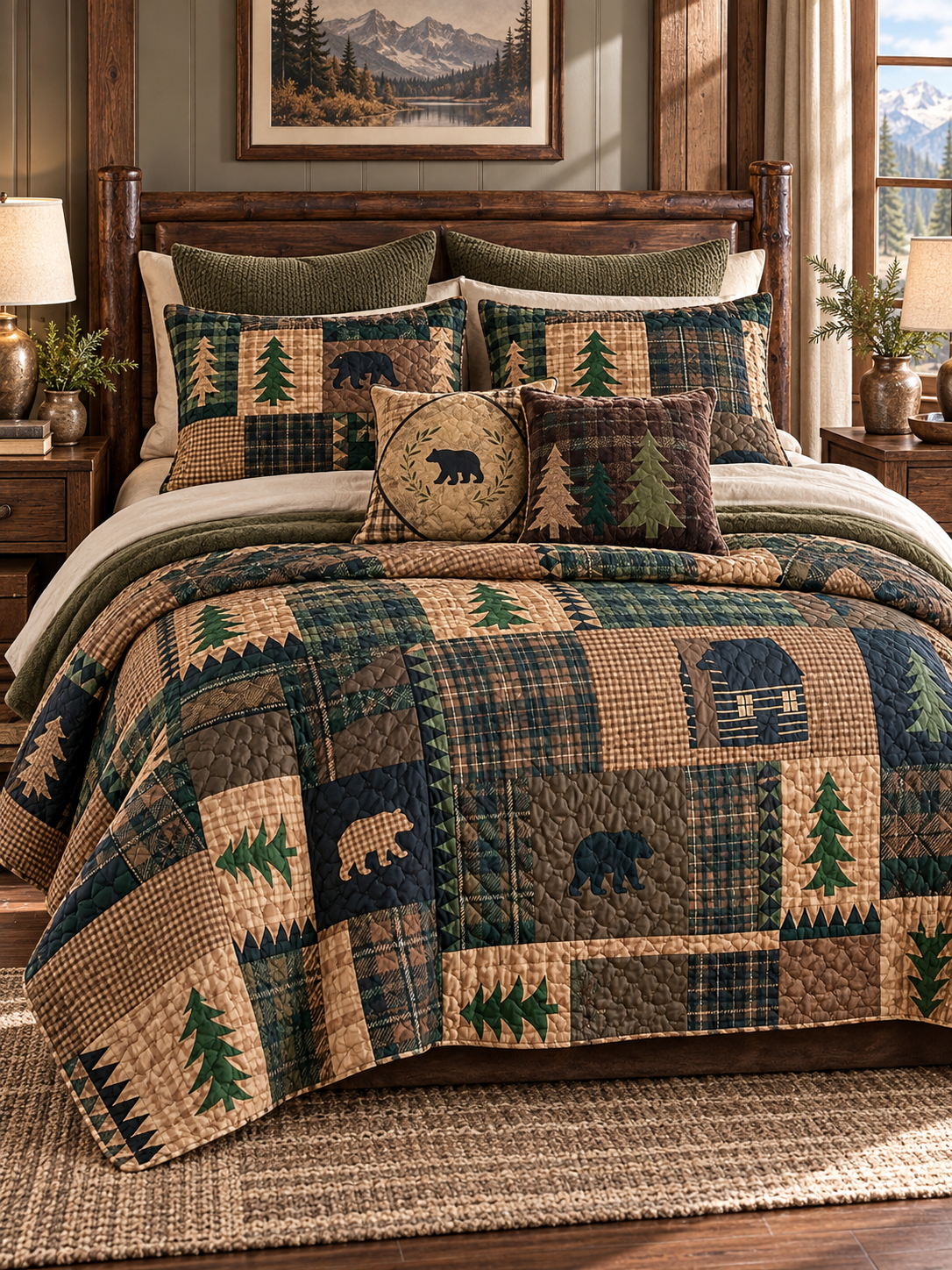 Rustic Bear and Bison Patchwork Quilted 3-Piece Bedding Set