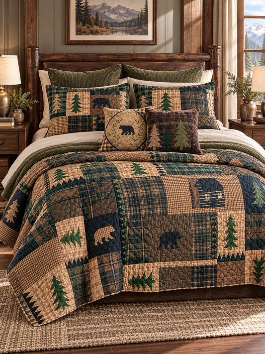 Rustic Bear and Bison Patchwork Quilted 3-Piece Bedding Set