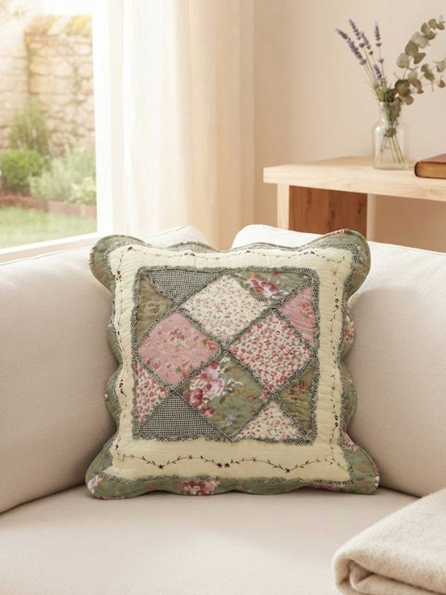 Vintage Green Floral Diamond Quilted Pillow Cover