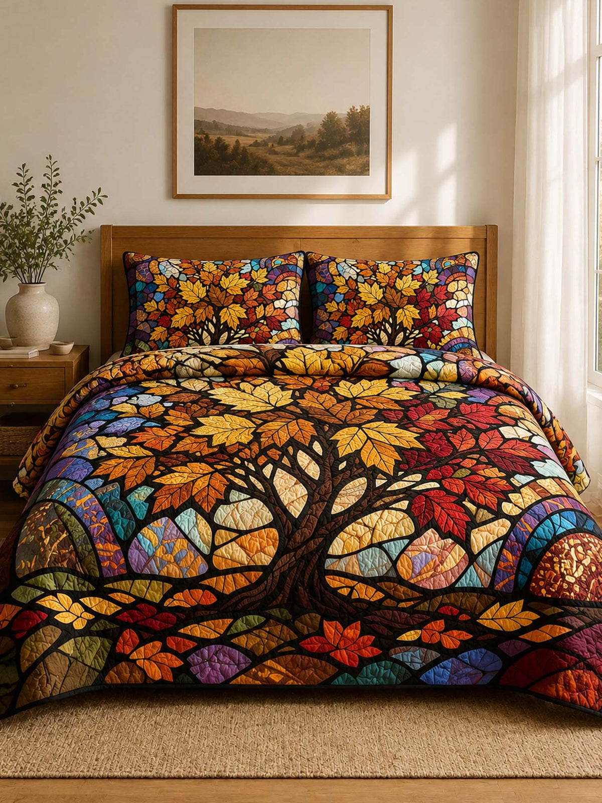 H.PAI Autumn Tree of Life Quilted 3-Piece Bedding Set