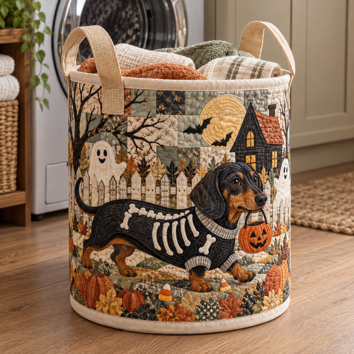 Gekleed skelet teckel wasmand – Halloween