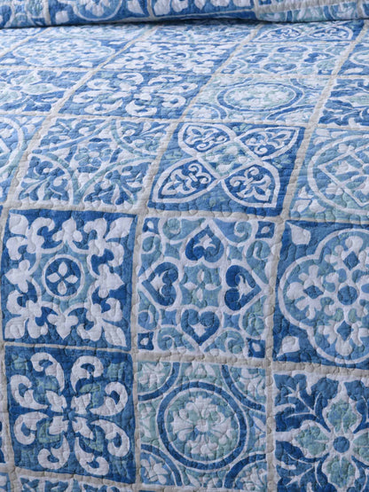 Coastal Boho Blue Portuguese Tile Print Quilted 3‑Piece Bedding Set