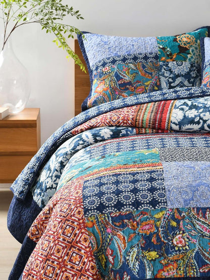 Indigo Paisley Patchwork Quilted 3-Piece Bedding Set