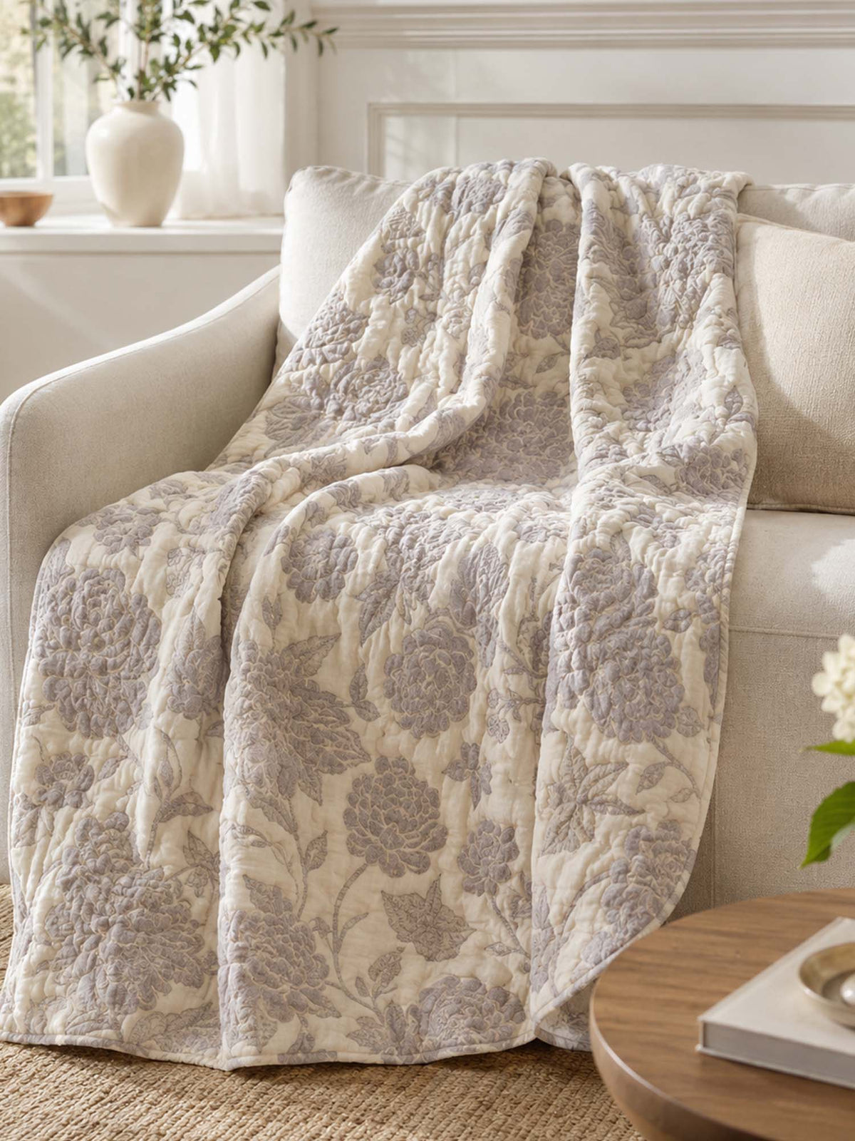Vintage Grey Peony Floral 100% Cotton Gauze Soft Puff Blanket
