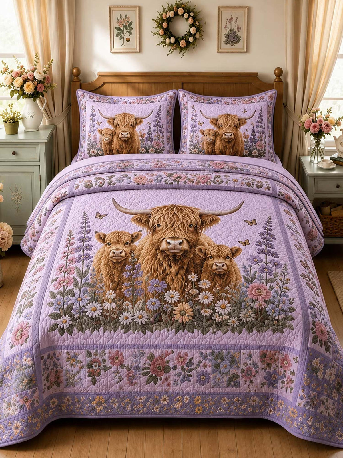 H.PAI Garden Highland Cow Gathering 3-Piece Quilted Bedding Set